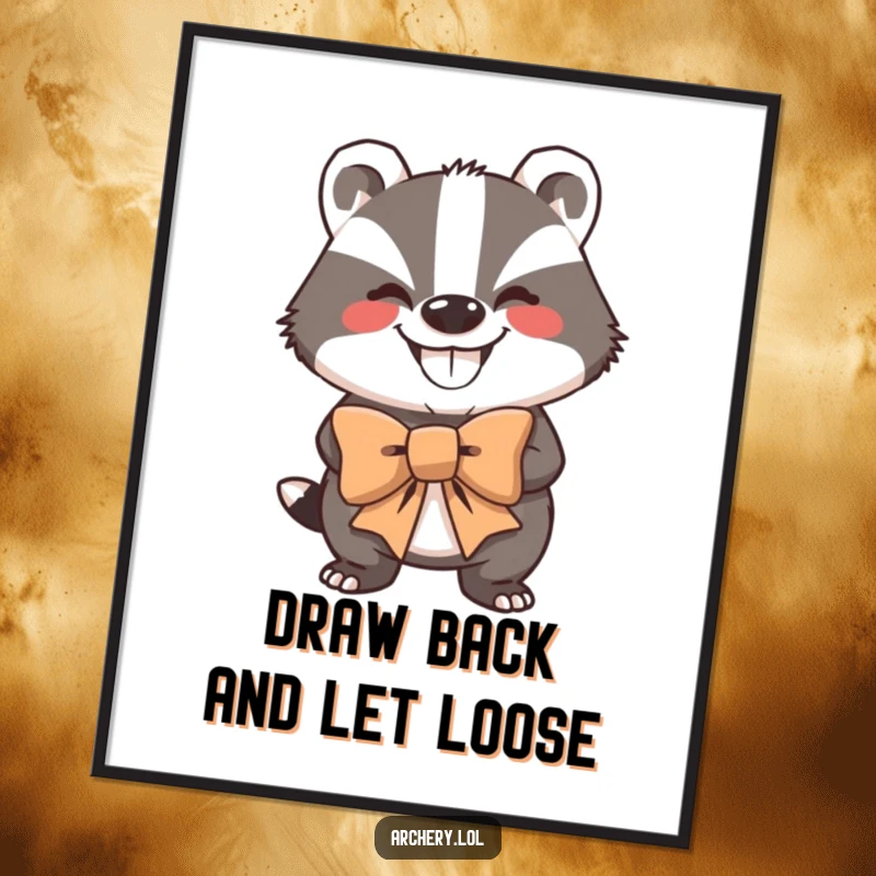 Funny Free Printable Wall Art: Grinning badger holding a large bow, looking incredibly strong and determined.