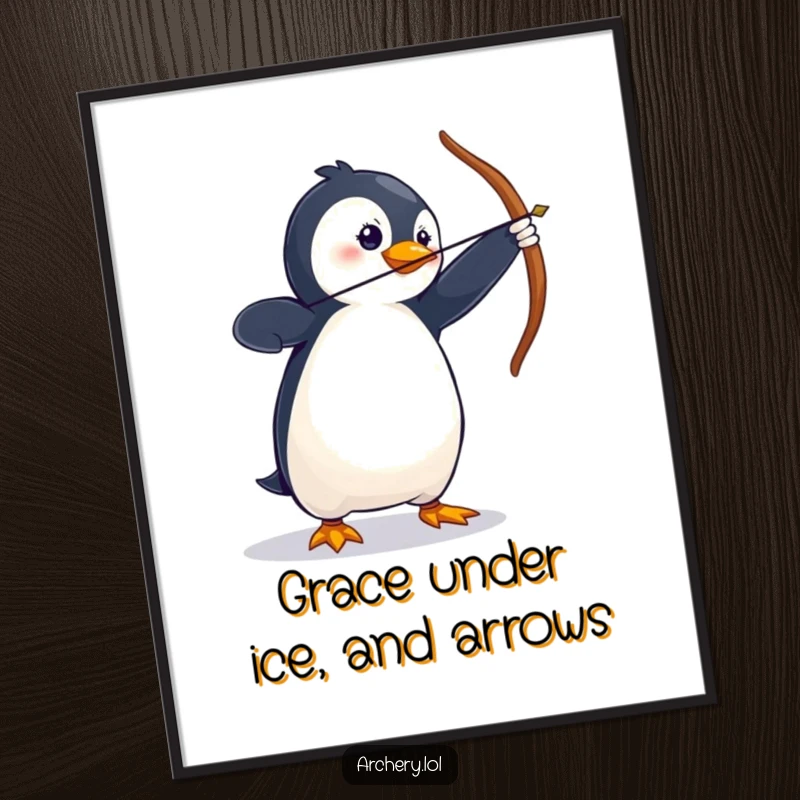 Funny free printable wall art of a wobbly penguin in a dramatic archery stance, radiating comical charm.