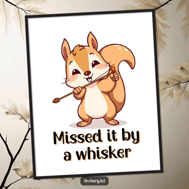 Funny Free Printable Wall Art: A playful squirrel comically aiming an arrow, completely missing the target.