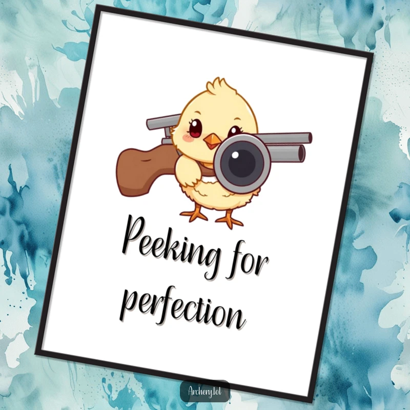 Funny Free Printable Wall Art: A curious chick peeks from behind a quiver, creating charming and humorous decor. Downloadable art.
