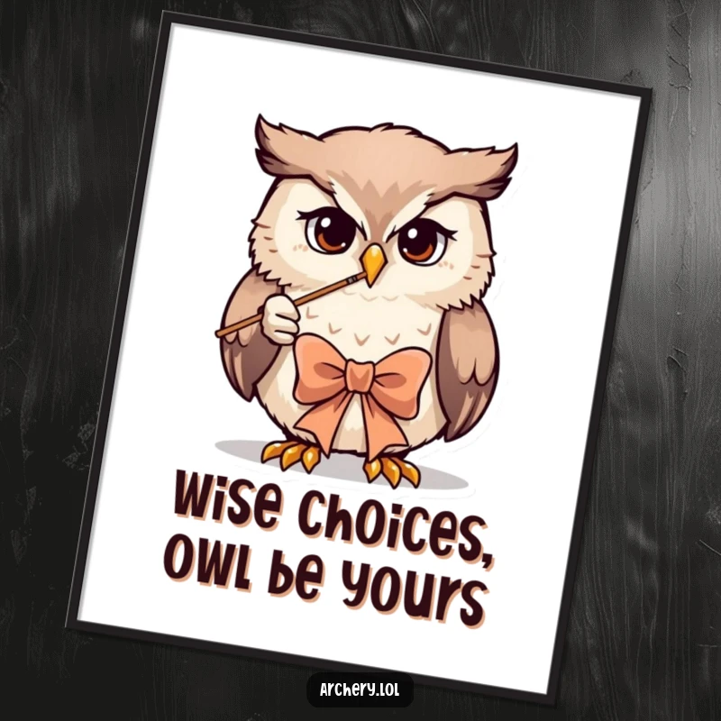 Funny Free Printable Wall Art: A determined owl drawing a bow with intense focus, ready to hit the mark.