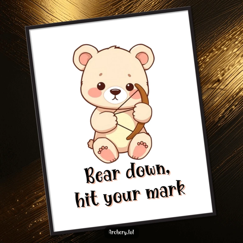 Funny Free Printable Wall Art: A focused bear cub holding a large bow with both paws, demonstrating concentration.