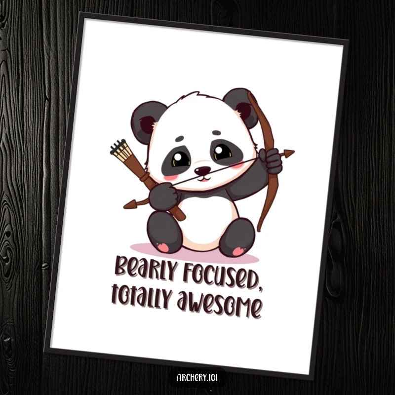 Funny Free Printable Wall Art: Determined panda drawing a bow with a focused gaze, creating striking and humorous decor.