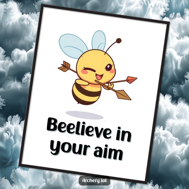 Funny Free Printable Wall Art: A determined bee squinting, aiming an arrow with comedic intensity, ready to decorate your home.