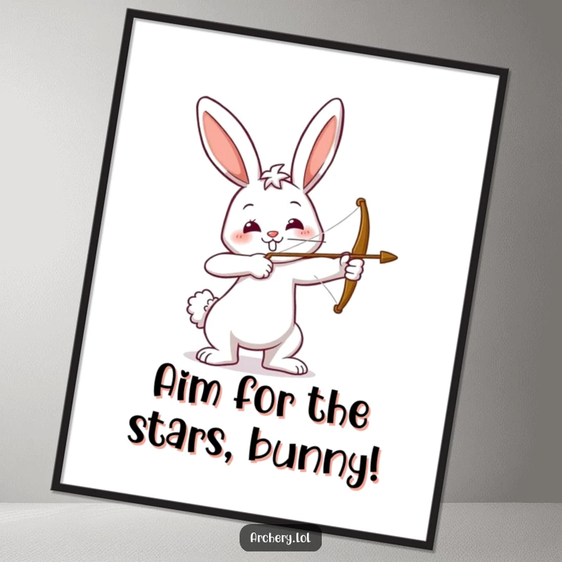 Funny Free Printable Wall Art of a smiling bunny holding a bow and arrow, aiming with playful intent for wall decor.