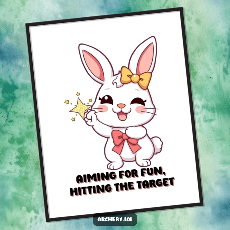Funny Free Printable Wall Art: Cheerful rabbit archer aims a sparkly bow with intense focus, ready to hit the mark.