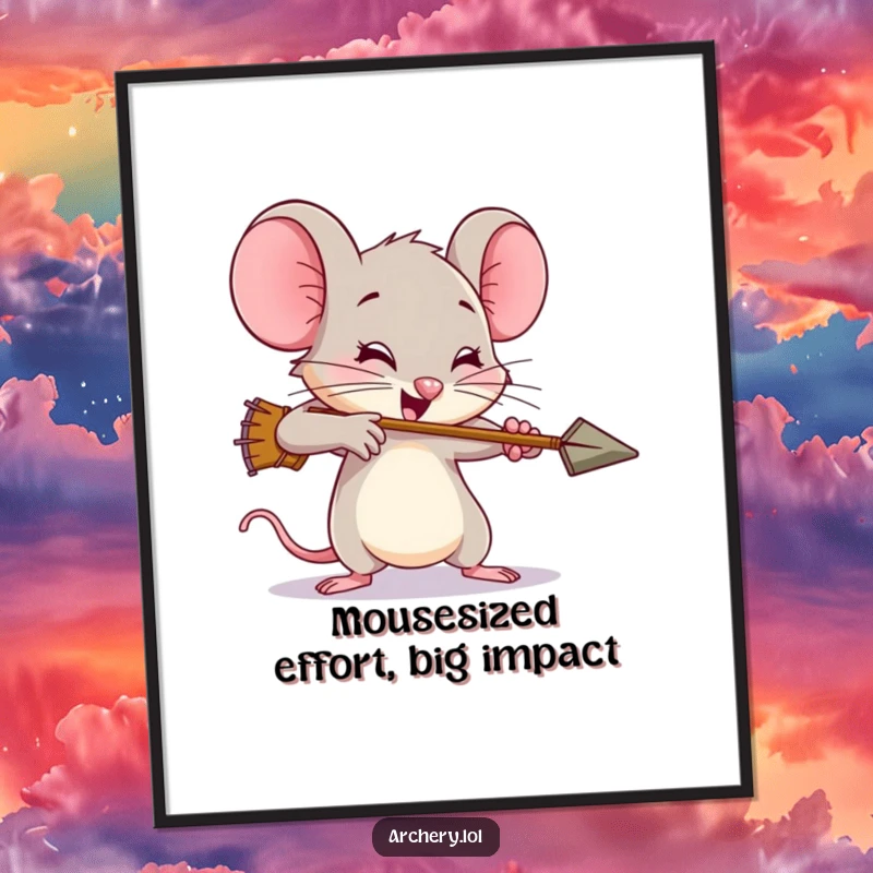 Funny Free Printable Wall Art: A tiny brave mouse straining intensely to shoot an arrow, creating a humorous and dynamic piece of art.