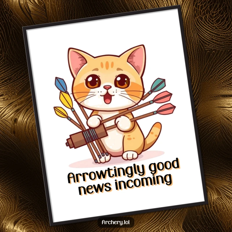 Funny Free Printable Wall Art: Surprised cat peeks from behind colorful arrows, eyes wide with whimsical curiosity.