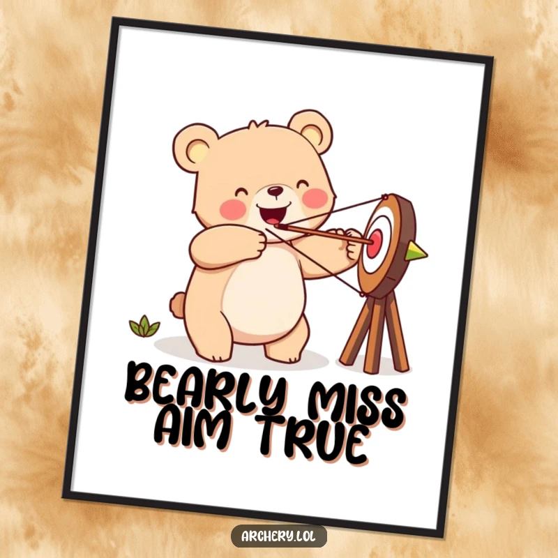 Funny Free Printable Wall Art: Happy bear attempting to hit a target with an arrow, a cheerful and humorous illustration.