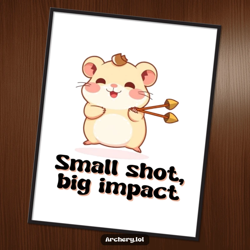 Funny Free Printable Wall Art: Energetic hamster aiming a miniature arrow with a joyful expression, perfect for quirky rooms.