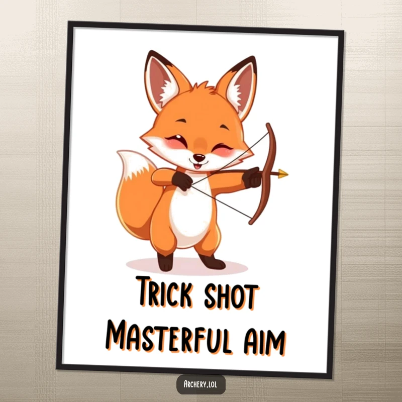Funny Free Printable Wall Art: Playful fox energetically twirling a bow and arrow, ready for action.