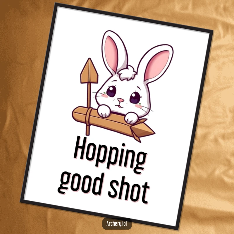 Funny Free Printable Rabbit Wall Art: Curious rabbit archer peeking excitedly over arrow, whimsical and fun downloadable art.