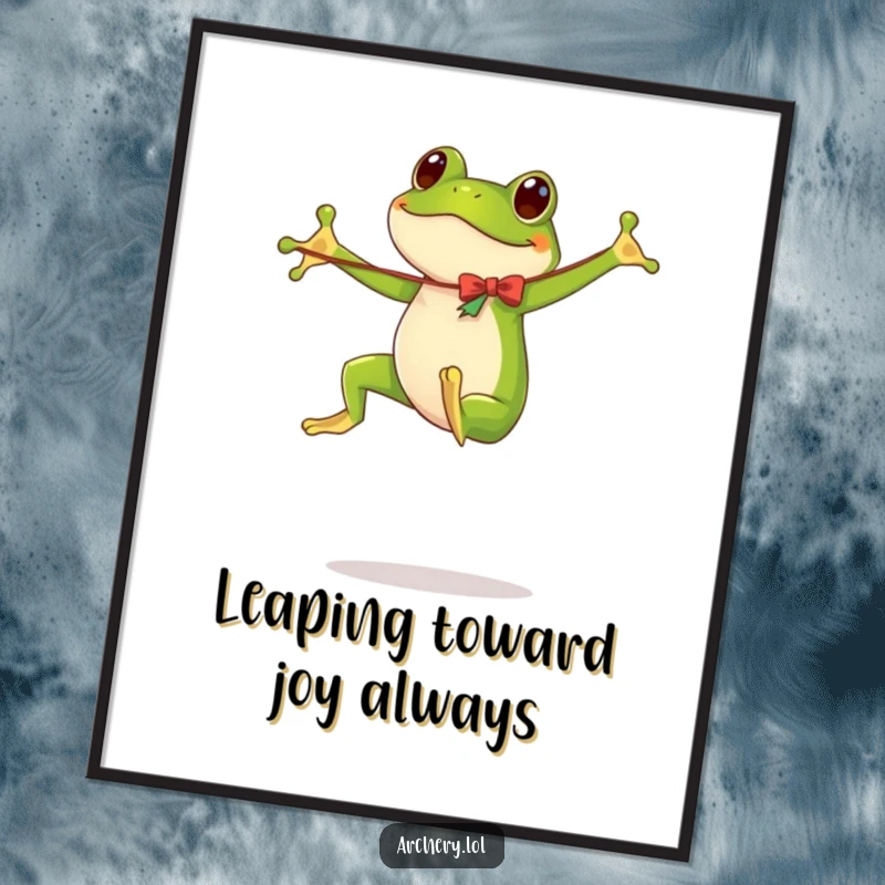 Funny Free Printable Wall Art: A goofy frog captured mid-bounce, holding a flimsy bow.