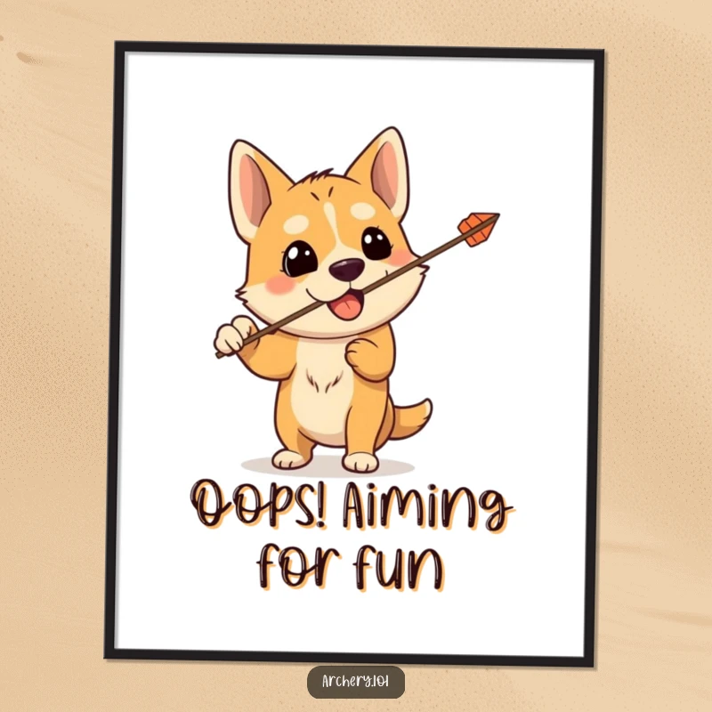 Funny Free Printable Wall Art: A silly dog accidentally shoots an arrow upwards, creating humorous and unique decor. Downloadable art.