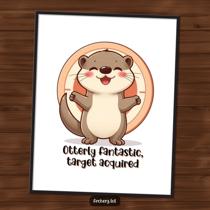 Funny Free Printable Wall Art: Joyful otter standing confidently near a bullseye target, radiating happiness and accomplishment, perfect for quirky decor.