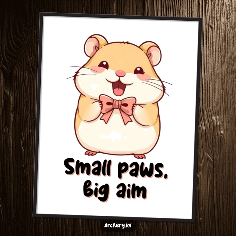 Funny Free Printable Hamster Wall Art: Happy hamster with determined face, holding tiny bow, cute and motivating downloadable art.