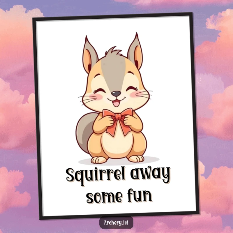 Funny Free Printable Wall Art: A cheerful squirrel with a wide grin, drawing a tiny bow, exuding playful energy.