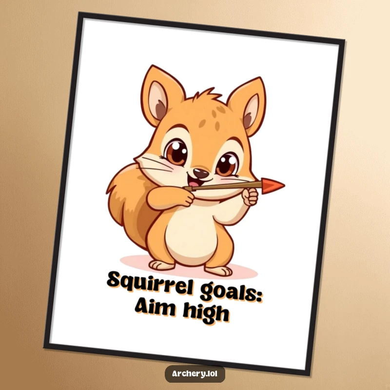Funny Free Printable Wall Art: Squirrel with wide, determined eyes aims an arrow, ready to shoot laughs.