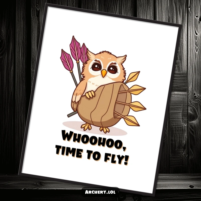 Funny Free Printable Wall Art: A giggling owl peeks from behind a large quiver of arrows, radiating fun.