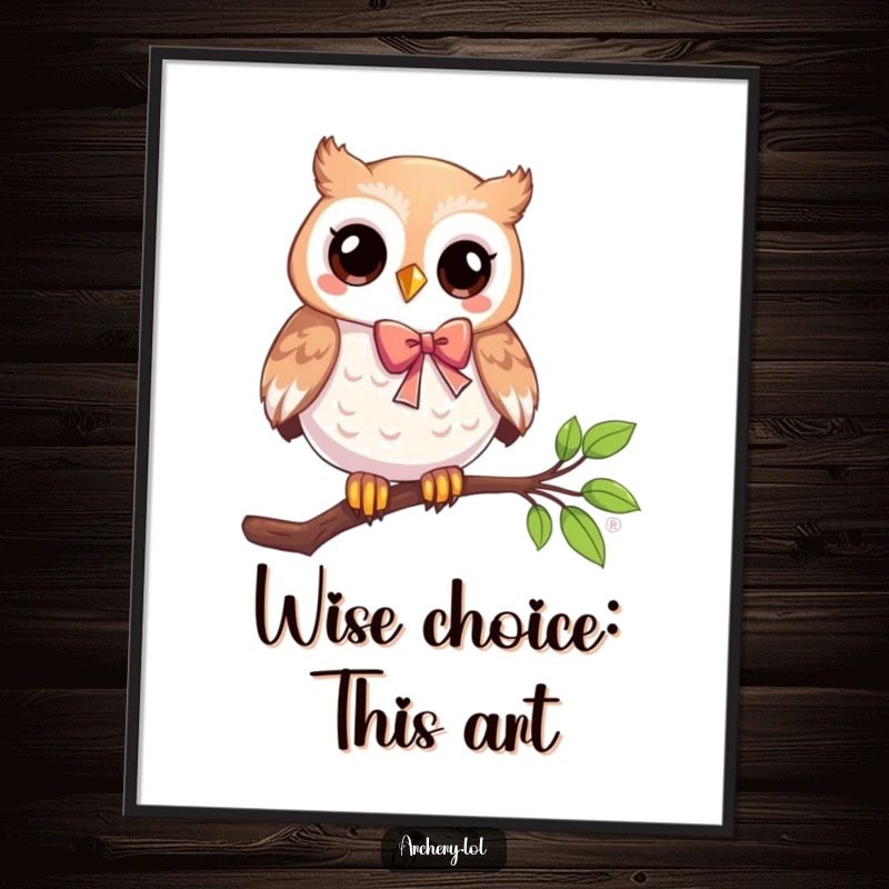 Funny Free Printable Wall Art: A playful owl perched on a branch holds a bow, adding whimsical humor to any room. Downloadable art.