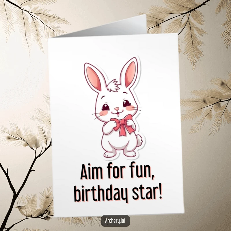 Funny Free Printable Birthday Card: Rabbit archer with a smirk draws a bow, ready to deliver birthday cheer.