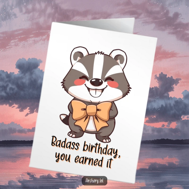 Funny Free Printable Birthday Card: Grinning badger holding a large bow, looking powerful and ready to celebrate.
