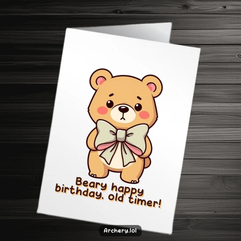Funny Free Printable Birthday Card: Determined bear aims a giant bow, ready for a hilarious celebration. A perfect downloadable gift.