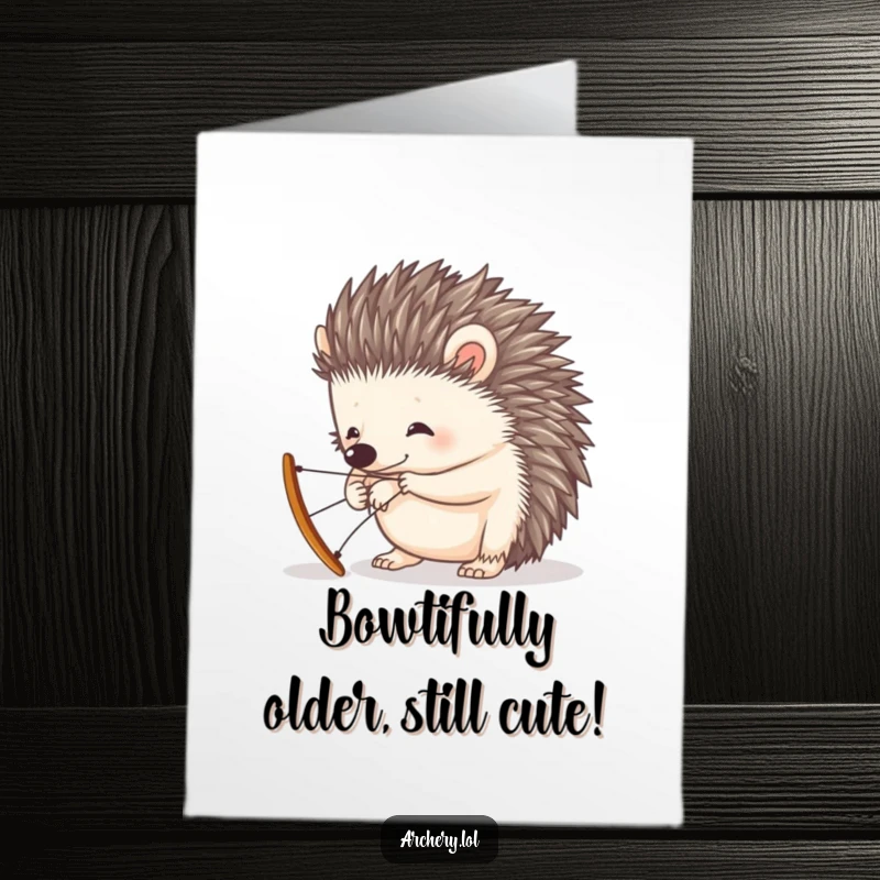 Funny Free Printable Birthday Card: A curious hedgehog hilariously attempts to string a tiny bow, perfect for a unique greeting.