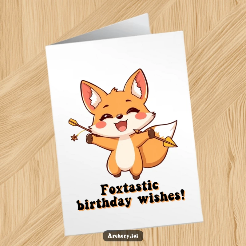 Funny Free Printable Birthday Card: A happy fox with a triumphant expression releasing an arrow. Birthday victory!
