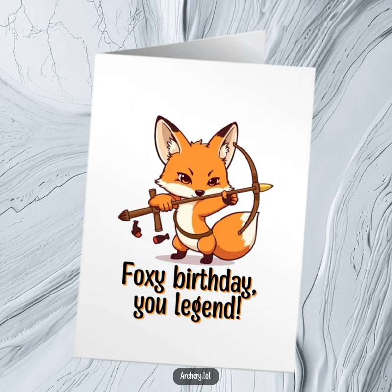 Funny Free Printable Birthday Card: A determined fox striking an archery pose, laser-focused on celebrating your birthday.