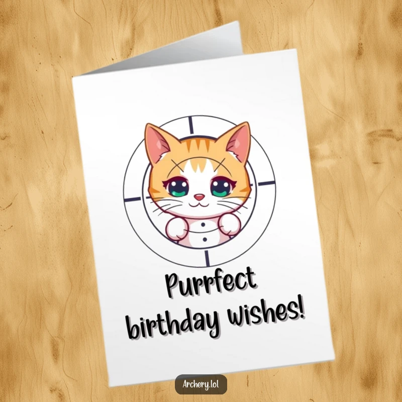 Funny Free Printable Birthday Card: A curious cat peeks slyly from behind a target, arrow recently fired.