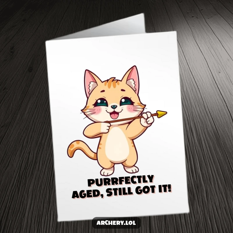 Funny Free Printable Birthday Card: A smiling cat aims an arrow with playful mischief, ready to deliver birthday cheer.