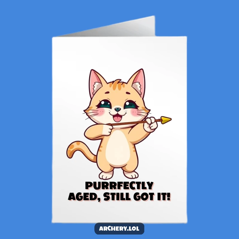 Free Printable Birthday Card Funny Cat Archer Shoot Arrow Downloadable Gift