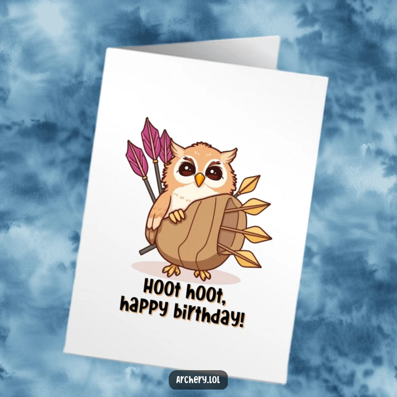 Funny Free Printable Birthday Card: A giggling owl peeks playfully from behind a large quiver of arrows.