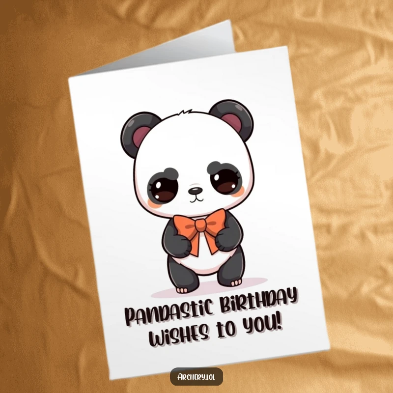 Funny Free Printable Birthday Card: A determined yet cute panda balances a bow, ready for birthday fun.
