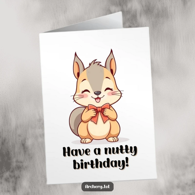 Funny Free Printable Birthday Card: A grinning squirrel playfully drawing a tiny bow, ready to celebrate with humor.
