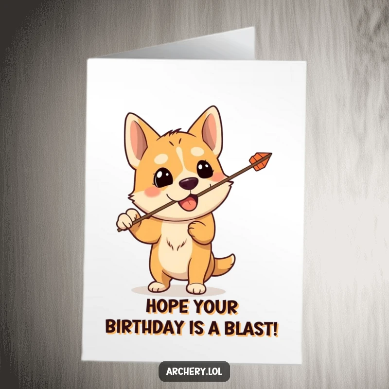 Funny Free Printable Birthday Card: Silly dog comically shoots an arrow skyward in a birthday mishap. A fun downloadable gift.