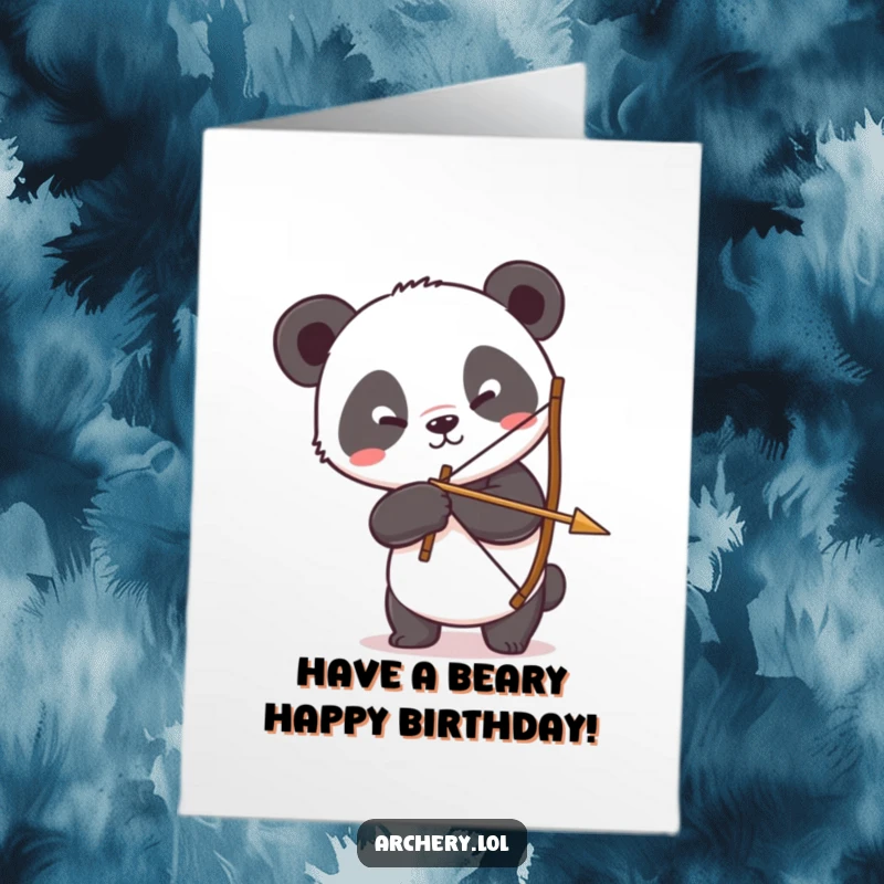 Funny Free Printable Birthday Card: A silly panda comically struggling to hold a bow and arrow, aiming for birthday fun.