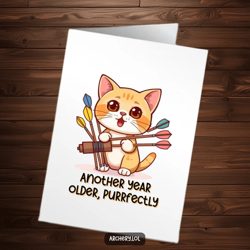 Funny Free Printable Birthday Card: Surprised cat peeks from behind a quiver of colorful arrows, eyes wide with birthday excitement.