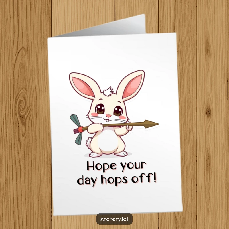 Funny Free Printable Birthday Card: Timid rabbit aiming an arrow with wide, curious eyes, a sweet and humorous illustration.