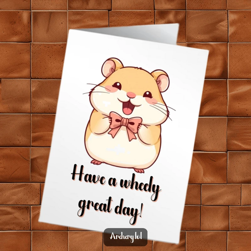 Funny Free Printable Hamster Birthday Card: Happy hamster holding tiny bow, determined face, aiming birthday wishes, cute DIY gift.