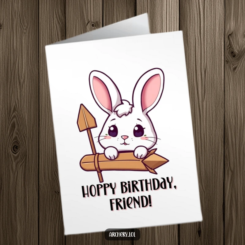 Funny Free Printable Rabbit Birthday Card: Curious rabbit archer peeking over arrow, excited expression, perfect birthday DIY gift.