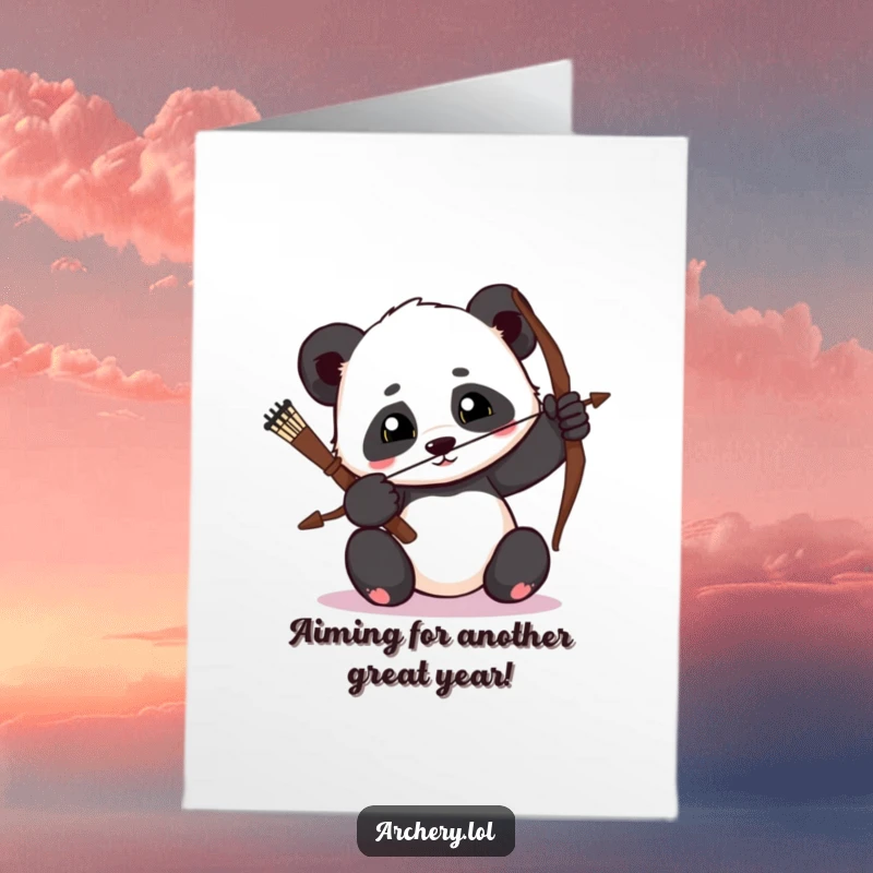 Funny Free Printable Birthday Card: Determined panda drawing a bow with a focused gaze, a humorous and impressive greeting.