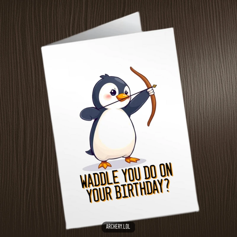 Funny free printable birthday card featuring a wobbly penguin in a dramatic archery stance, aiming for fun laughs.