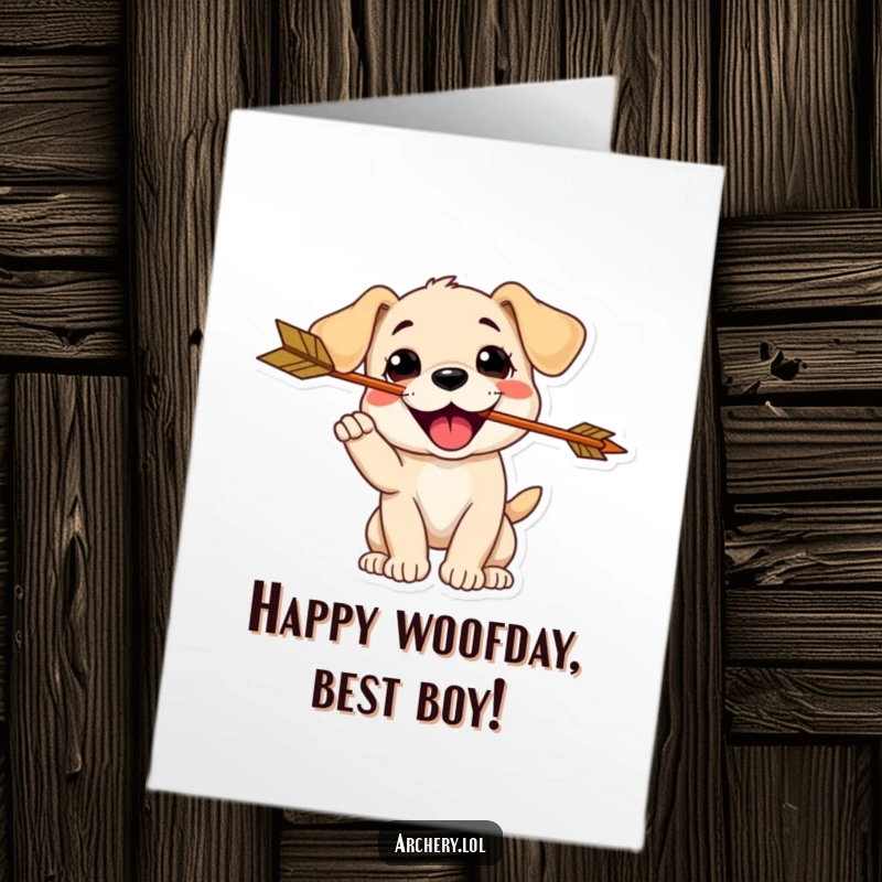 Funny Free Printable Birthday Card: Delighted puppy catching an arrow in its mouth, ready to play and celebrate.