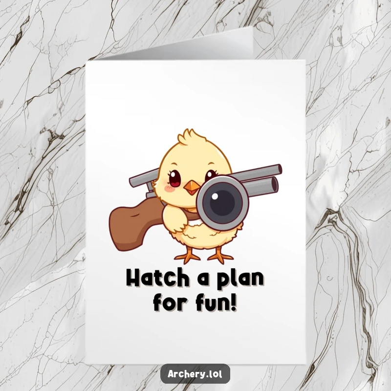 Funny Free Printable Birthday Card: A curious chick peeks from behind a quiver, bringing a humorous birthday surprise. Downloadable gift.