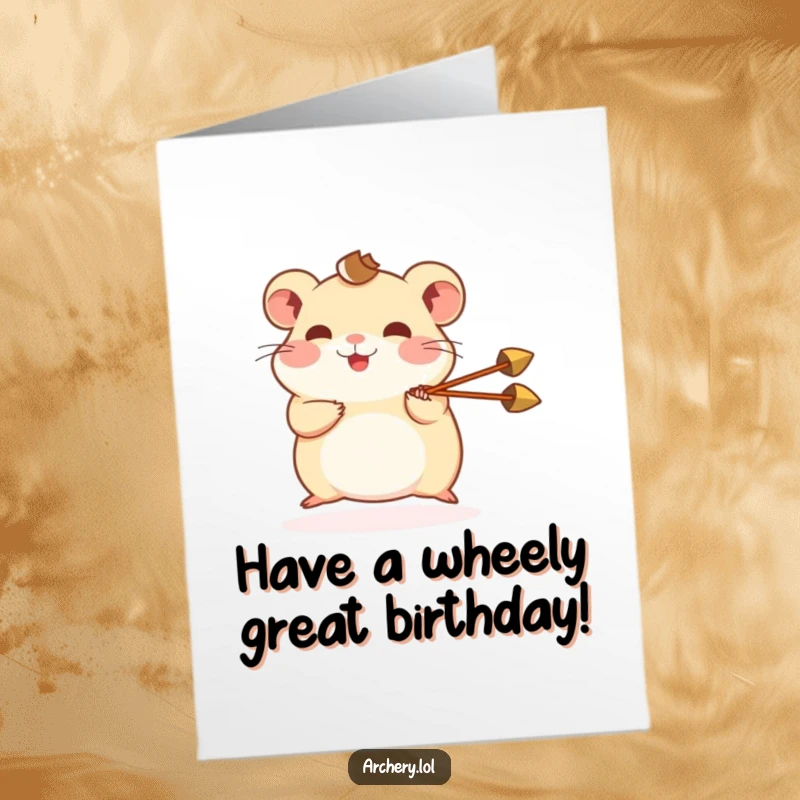 Funny Free Printable Birthday Card: Adorable hamster with a determined grin, shooting a miniature arrow with glee.
