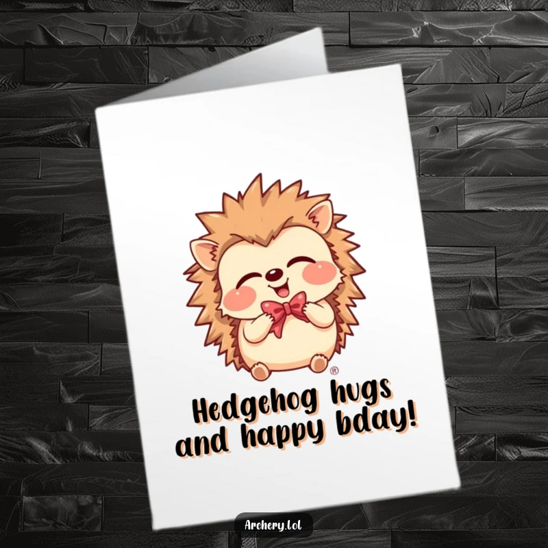 Funny free printable birthday card of a giggling hedgehog holding a bow, ready to celebrate with joy.