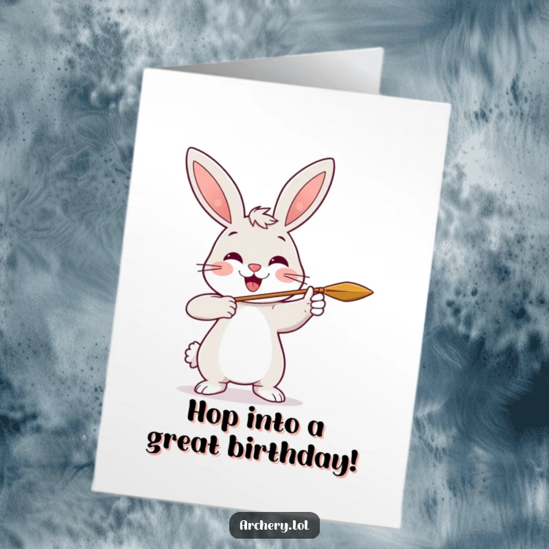 Funny Free Printable Birthday Card: A cheerful rabbit with a big smile, shooting an arrow loaded with birthday cheer.