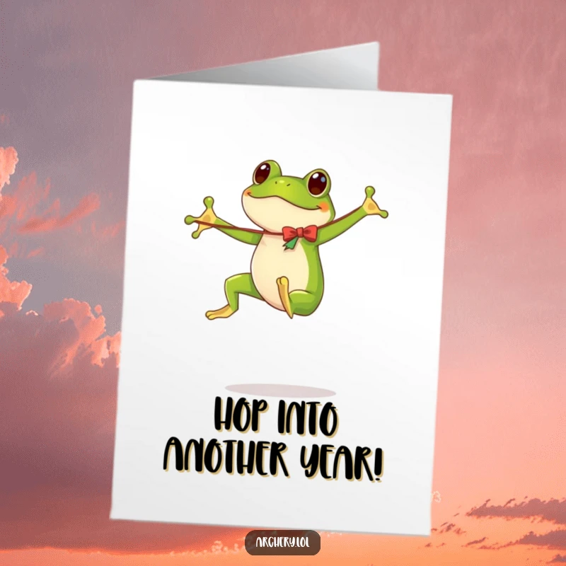 Funny Free Printable Birthday Card: A goofy, bouncing frog mid-leap holding a floppy bow.